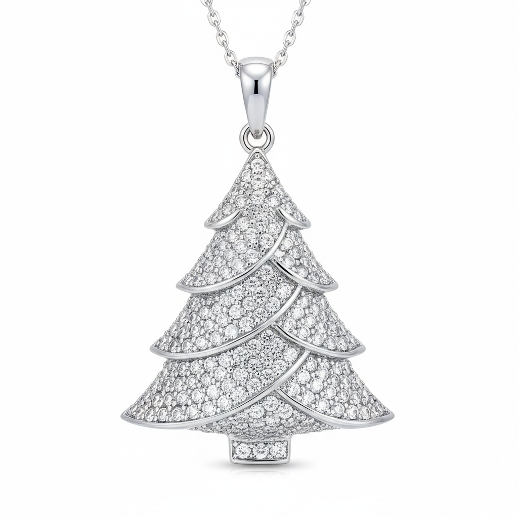 .2 Ct Cz Rhodium Christmas Tree With Mixed Stars Pave Holiday Pendant