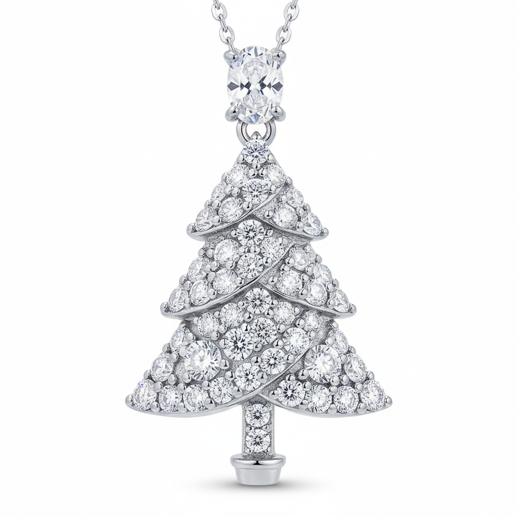 .2 Ct Cz Rhodium Christmas Tree Pave Holiday Pendant