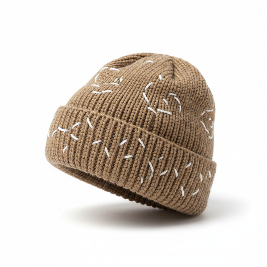 Taupe Michelle Knitted White Stitch Beanie